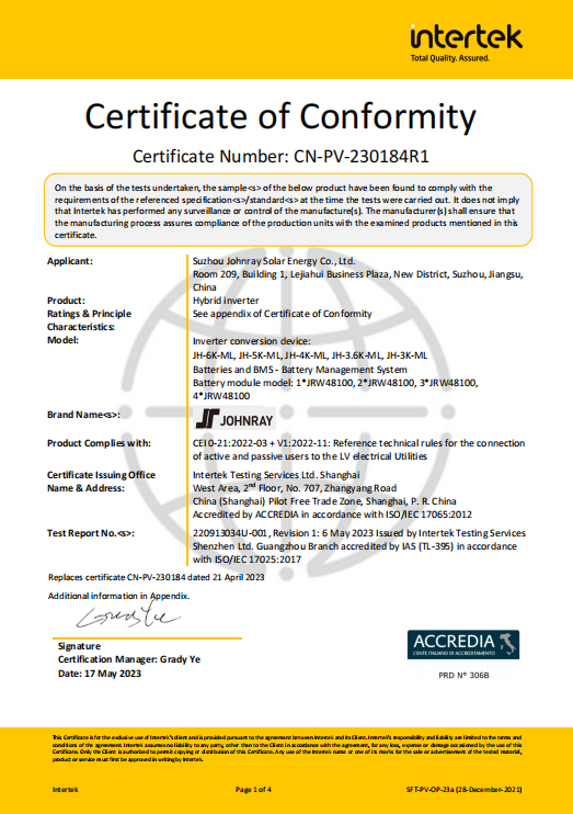 JH-3-6K-ML - Certificate of Conformity CEI 021 - Italy