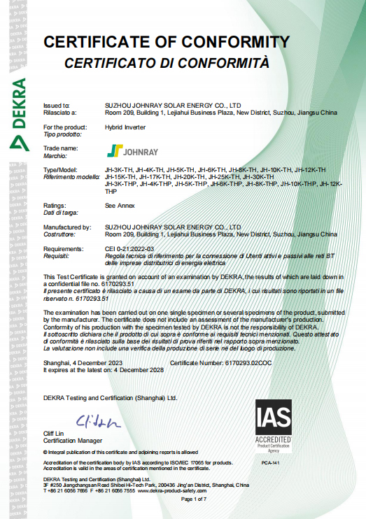 JH-3-30K-TH CEI0-21 Certificate